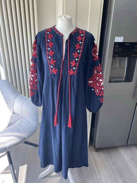 ZARA NAVY BLUE Red Embroidered Midi Smock Kaftan Boho Dress Size L Large 12  14 £28.18