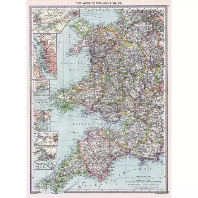 Antique Map 1906 - West England & Wales inset Manchester Canal -Harmsworth Atlas