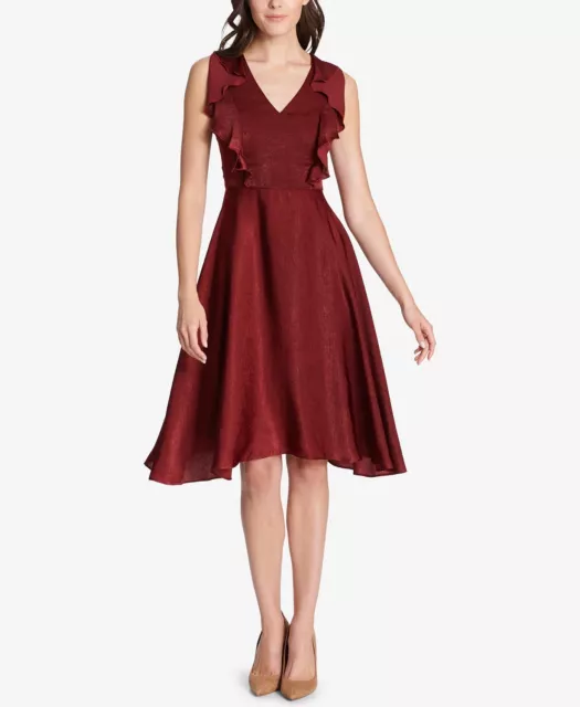 $286 Kensie Women'S Red Ruffled V Neck Fit & Flare Sleeveless Dress Size 14