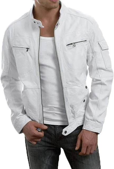 New Handmade Men 100% Pure Lambskin White Leather Jacket