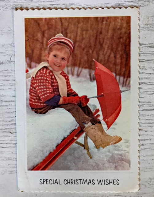 Vintage 1960's OLD SKOOL Child Snow Portrait Christmas Greeting Card (EB3252)