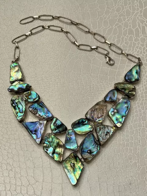 Abalone Sterling Silver Statement Bib Necklace Signed 925 Beautiful