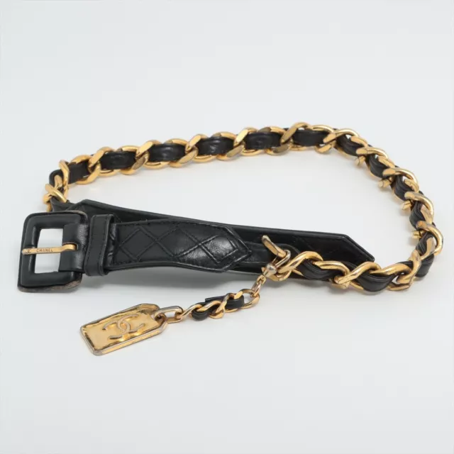 CHANEL 31 RUE CAMBON Chain Belt 70/28 Gold Platedx Leather Black x