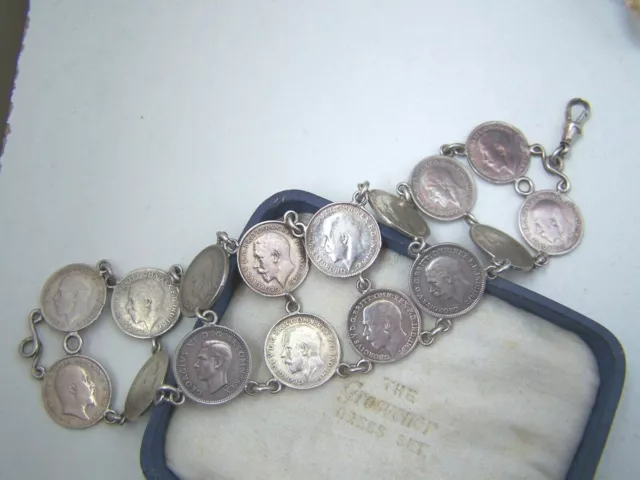 Solid Sterling Silver Georg Iv Threepence Coins Wide Double Raw Bracelet 7" 1908