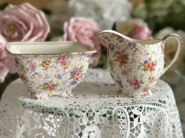 Royal Winton Chintz Eleanor Pattern Creamer Jug and Square Sugar Bowl EXCELLENT!