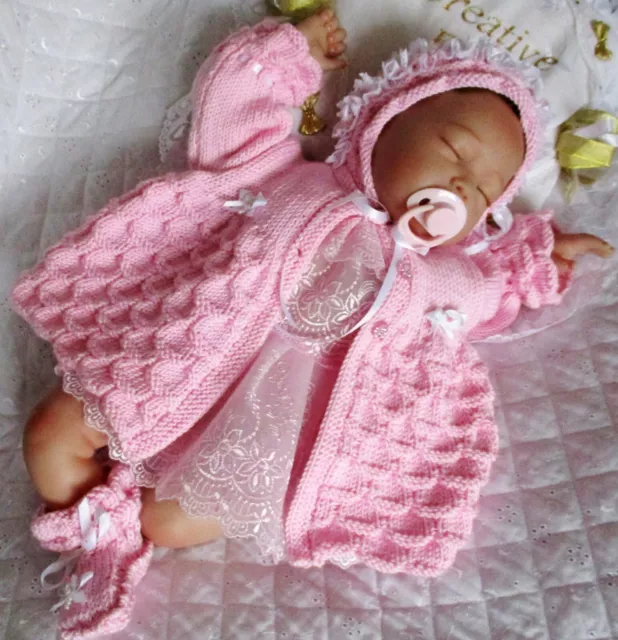 Baby Knitting Pattern dk Matinee Coat Bonnet Boots 0-3 Month 20-23" Reborn Doll