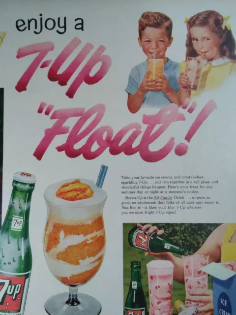 7 Up Cola Print Ad Original Vintage 1950s Float Happy Kids Kaiser Sedan Boat USA