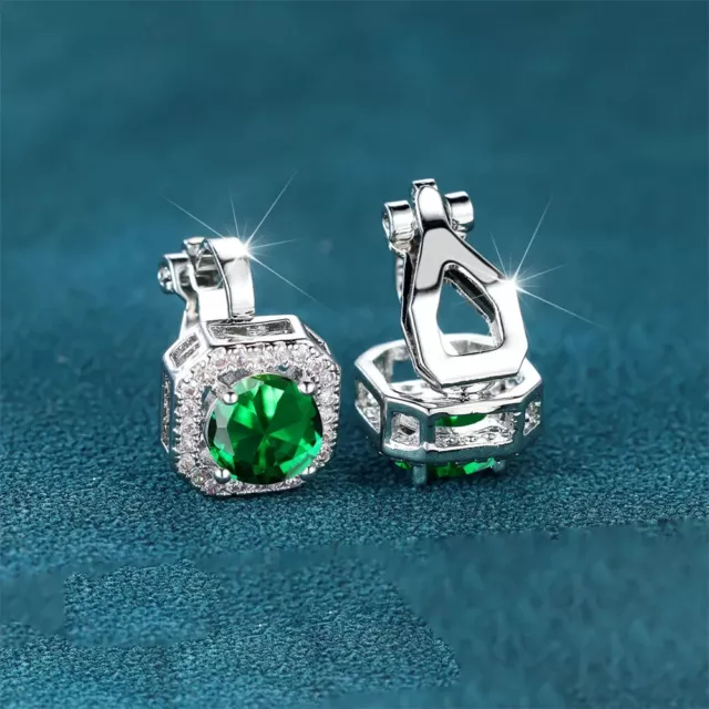 Brand New 18K White Gold Genuine Emerald Green Cubic Zirconia Clip-On Earrings