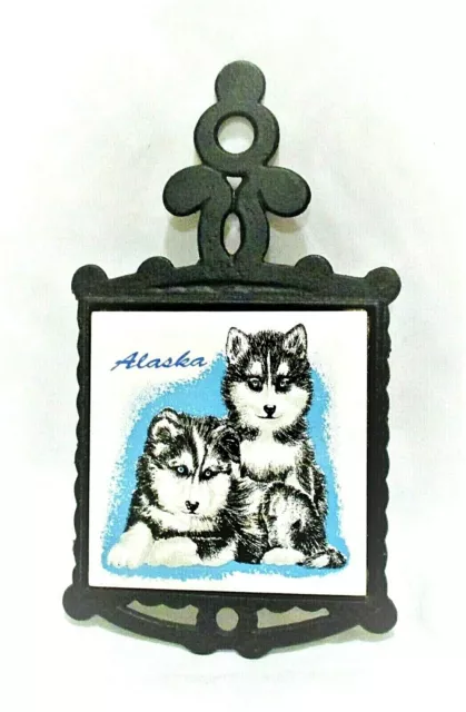 Vintage Alaska Tile Cast Iron Frame Hanging Trivet Alaskan Malamute Puppies