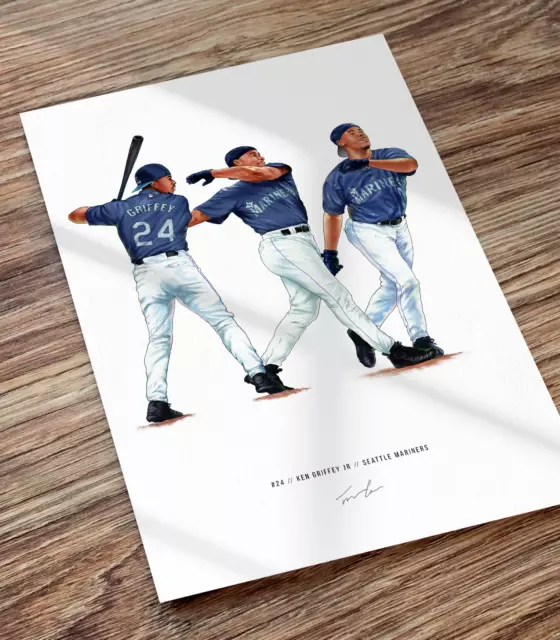 Ken Griffey Jr Seattle Mariners Illustrated Baseball Print Poster Motion Art
