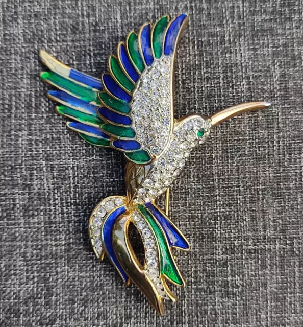 Bijou grande broche oiseau colibri avec strass et émail bleu et vert