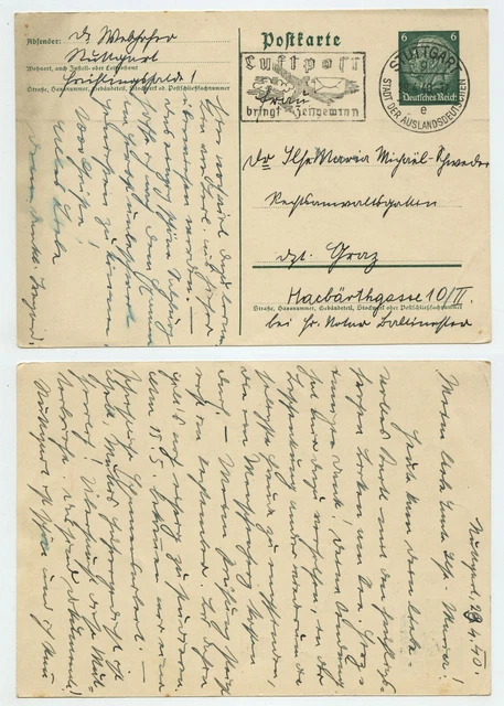 106750 - Ganzsache P 226 - Postkarte, Werbestempel Stuttgart 29.4.1940 nach Graz