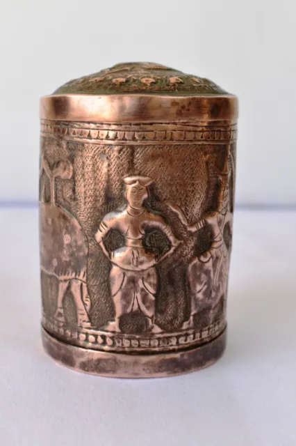 Antique Burmese Betel Box Canister Cylindrical Copper Embossed Figurine Elepha"F 5