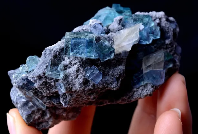 92.56g New Find Transparent Blue Cube Fluorite Calcite Cluster Mineral Specimen