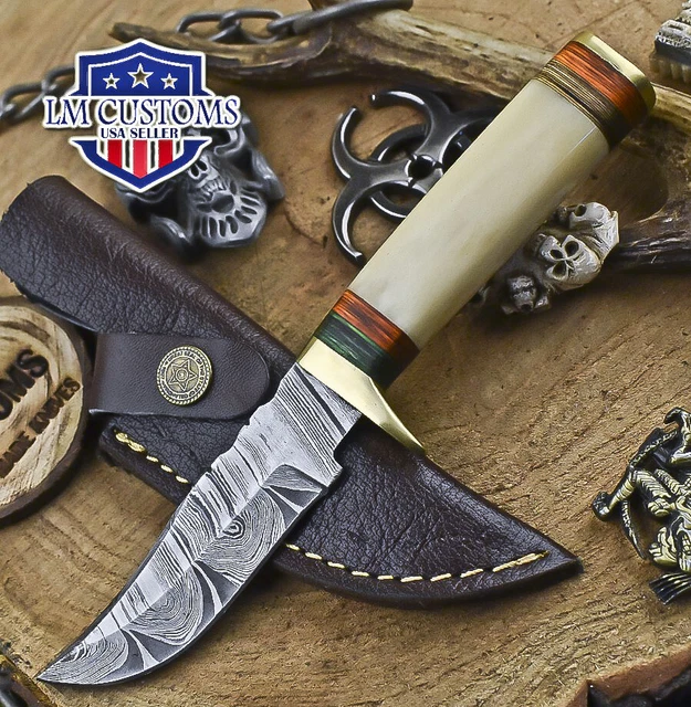 Custom Hunting Skinner Knife Twist Damascus Bone Brass Guard Outdoor Unique