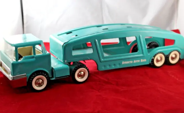 Vintage Structo Auto Hauler Ramp Truck Car Carrier Pressed Steel Toy Teal Green