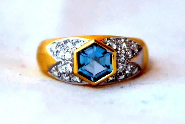 14K Solid Yellow Gold, Aqua with Natural Diamond Ring Size 6