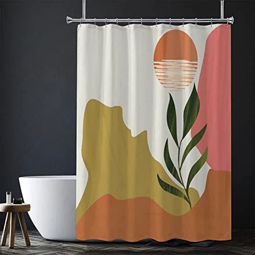 Boho Sun Shower Curtain Mid-Century Abstract Mountain Sunset Leaves