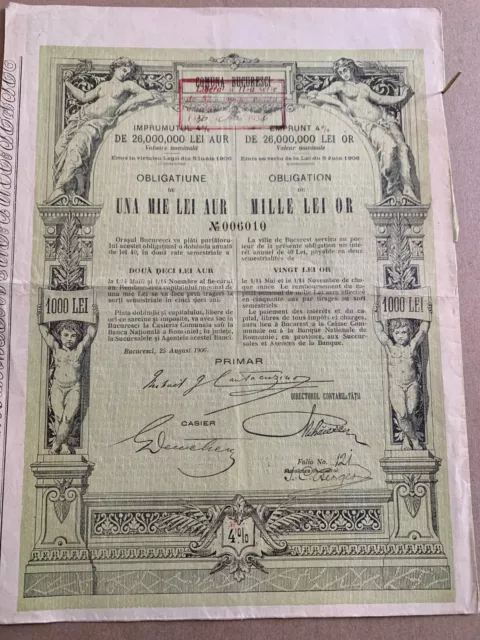 1000 Lei AUR 1906 City of Bucharest Romania Bond Stock Certificate uncancelled