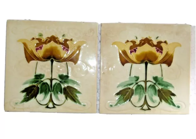 Rare Old Ceramic 2Pc. Flower Tiles Porcelain Vintage Art Made In England 039