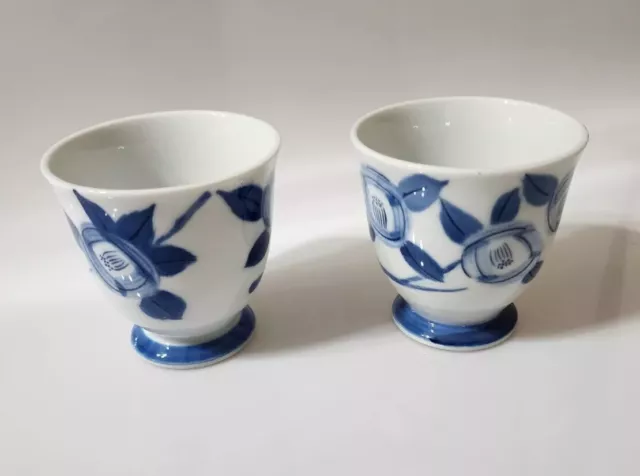 Blue And White Tea Cups Painted Flowers Signed Chinese Or Japanese Set Of 2