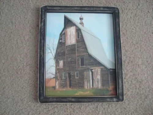 Primitive Country Print *OLD A-FRAME BARN* in black hand made frame 9" x 11 1/2"