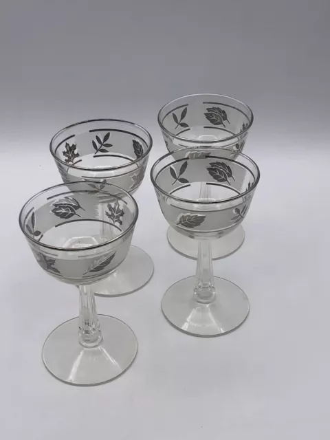 Libbey 1960’s Frosted Stemmed Silver Foliage Champagne Glasses Set of 4