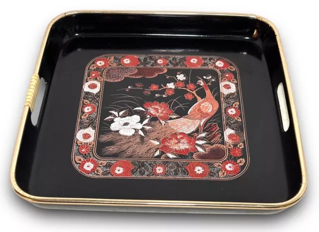 Vtg Oriental Lacquer Ware Square Serving Tray Wrapped Handles 10 3/4" Japan