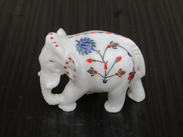 Statue éléphant Ancien En Marbre Pietra Dura (pierres Semi-précieuses) - Inde, Début 20e Siècle - Collection