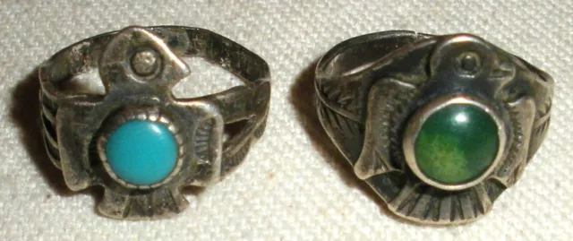 VINTAGE NAVAJO PAIR THUNDERBIRD TURQUOISE STERLING SILVER RING SIZES 4 & 4 vafo