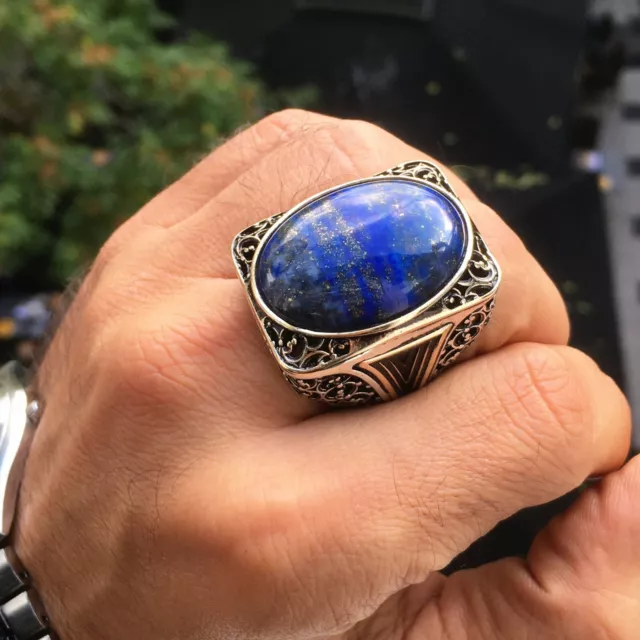 Lapis Lazuli Mens Ring 925 Sterling Silver Extraordinary Turkish Artisan Jewelry