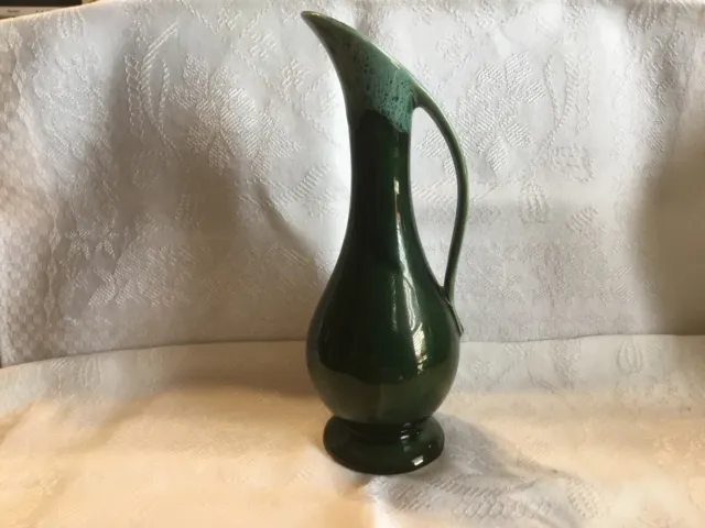 Vintage USA Pottery 8 1/2” green drip glaze bud vase pitcher handle ~ MCM