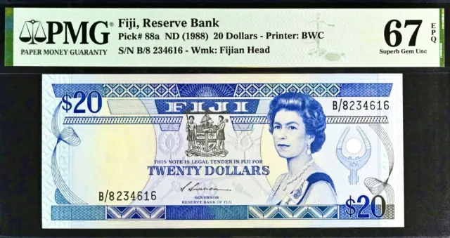 Fiji 20 Dollars Pick# 88a ND (1988) PMG 67 EPQ Superb Gem Unc Banknote