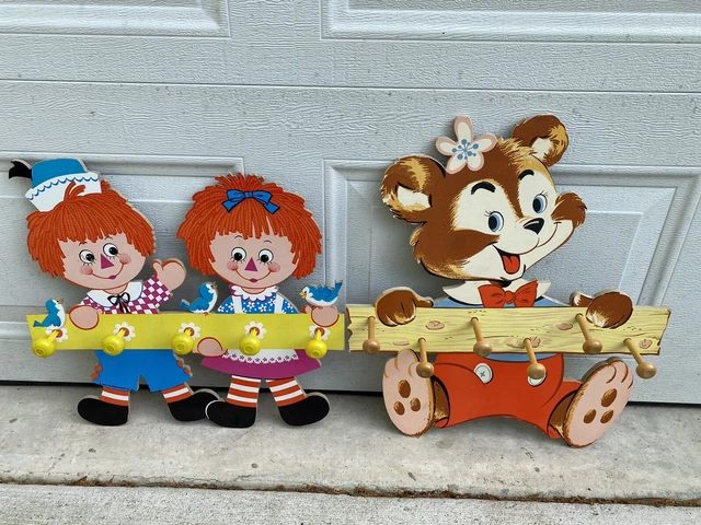 Vintage Raggedy Ann MCM Bear Child Wall Hook Coat Rack Nursery Hanging Decor