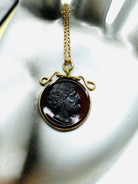 Vintage Art Deco Yellow Gold Filled Garnet Red Glass Intaglio Necklace Pendant 3