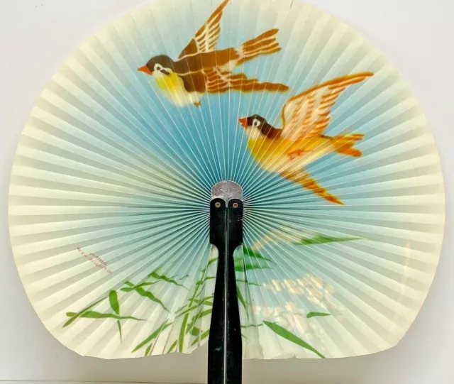 Vintage Chinese Paper Hand Fan Flying Birds Blue Sky Green Grass Ships Free 6