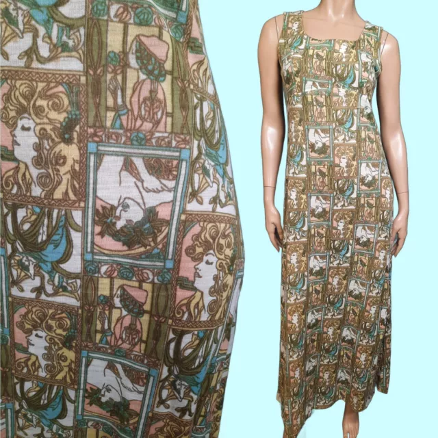 Vintage 60s 70s Art Nouveau Print Sleeveless Maxi Dress Womens M Lounge Beach
