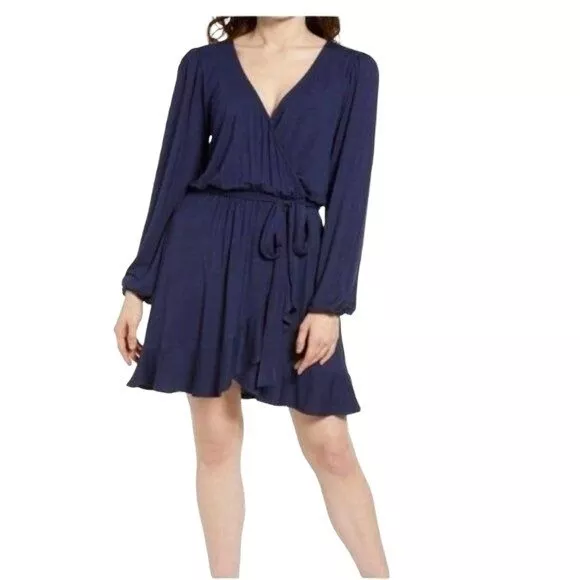 BP Blue Long Sleeve Surplice V-Neck Wrap Mini Dress Women's Size XXS