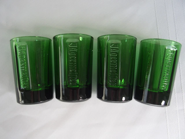Jagermeister Shot Glasses Green Glass Embossed Logo Set of 4