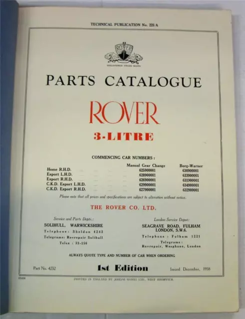 ROVER 3-Litre Illustrated Car Parts List Dec 1959 #4232 #255/A 2