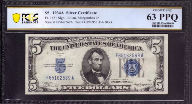 1934 A $5 Silver Certificate Note Fr 1651 Fa Block Pcgs B Choice Unc 63 Ppq