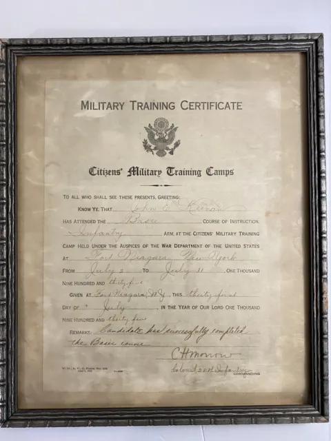 Military Training Certificate ~ Citizens Military Training Camp 1935 Framed