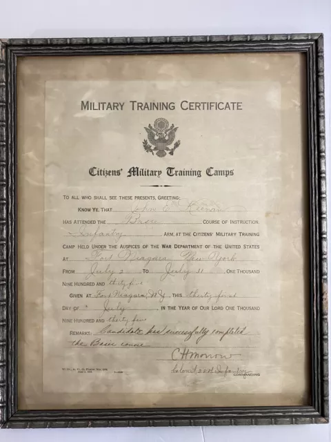 Military Training Certificate ~ Citizens Military Training Camp 1935 Framed