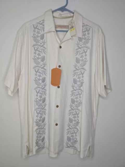 Tommy Bahama Silk Shirt Continental White Road To Havana Embroider Short Sleeve