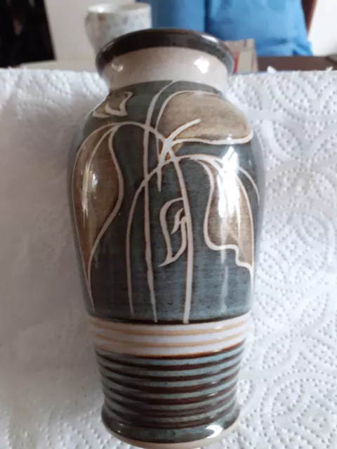 Bourne Denby Stoneware 1980s Fresco Vase Olive Green Leaf Design