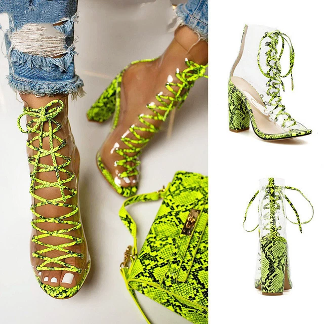 Botines peep toe con plataforma y cordones con estampado de serpiente verde neón