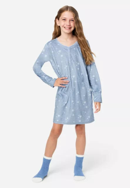 NWT Justice Girls Snowflake Snow Day Nightgown Socks Pajamas Plush 6 7 10 12 14