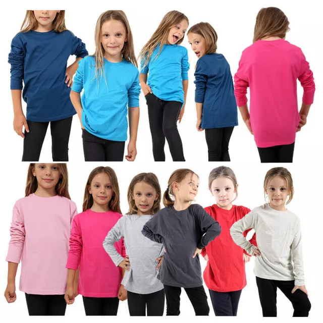 Childrens Long Sleeve Top Plain Kids Round Neck Basic Stretch School T-Shirt