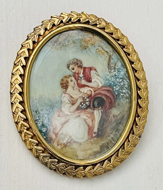 Ancienne broche plume effet pailleté or Celluloïd Sous Verre bijou vintage 5153