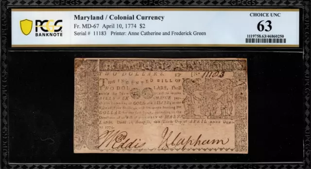 Maryland Colonial Note Fr#MD-67 April 10, 1774 $2 PCGS 63 *Stunning*